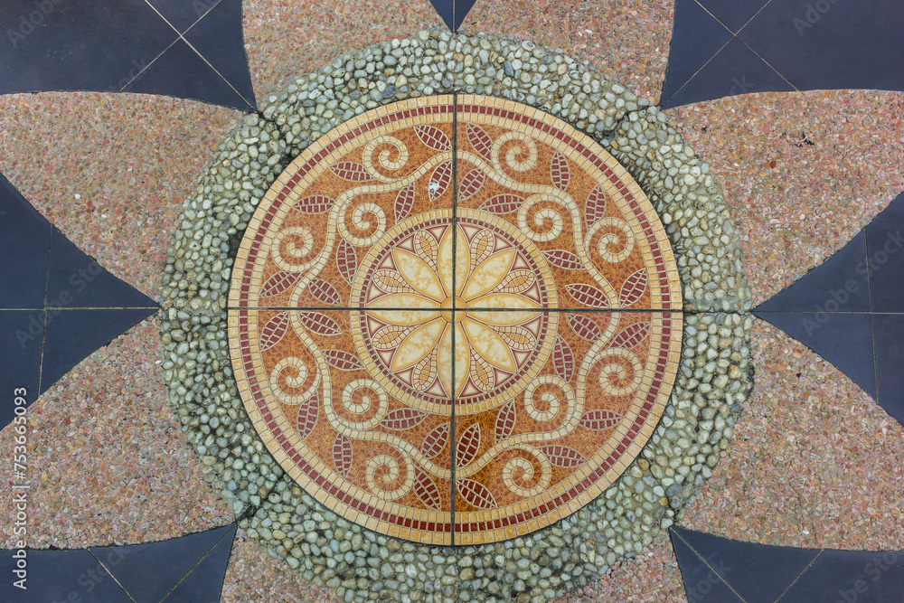 Fototapeta premium Ceramic tile with pattern ornament motif, granite and small stone 