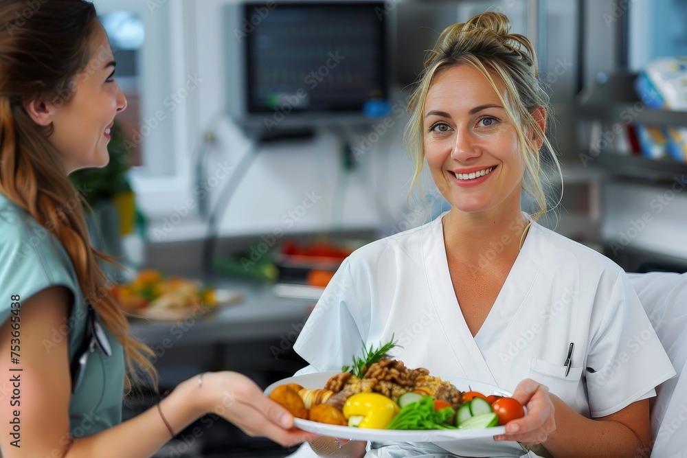 Two happy female nurses wearing scrubs share a cheerful moment while holding a hospital meal tray, with the bustling kitchen in the background Two happy female nurses wearing scrubs share a cheerful moment while holding a hospital meal tray, with the bustling kitchen in the background