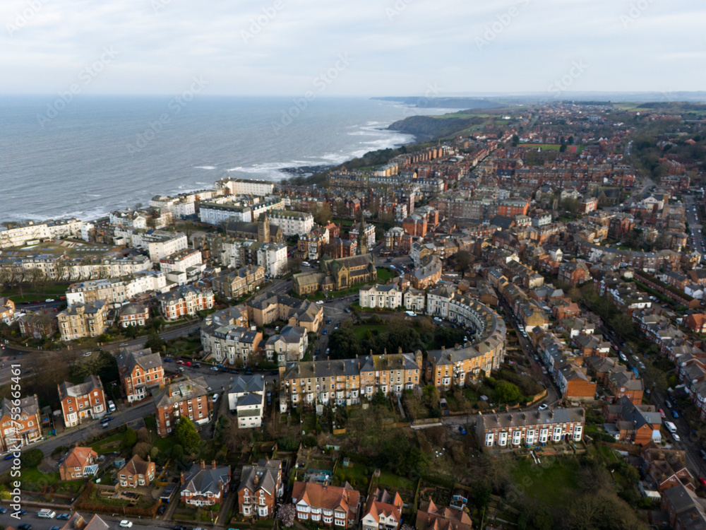 Fototapeta premium Aerial shot of Scarborough, South Bay North Yorkshire
