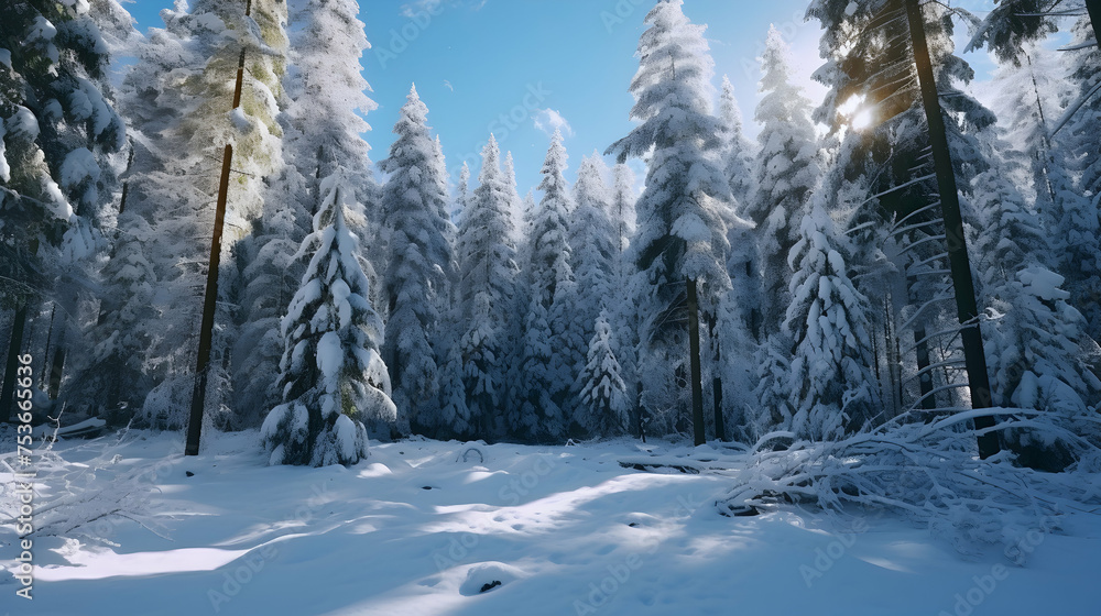 Obraz premium Snow-covered evergreen forest after a fresh snowfall,