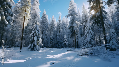 Snow-covered evergreen forest after a fresh snowfall,