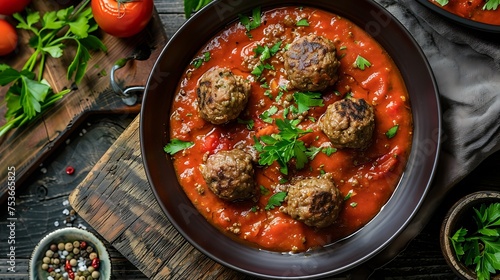 kofte dish with spiced meatballs and tomato sauce