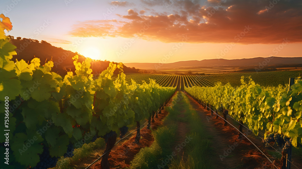 Fototapeta premium Sunset over a peaceful vineyard,