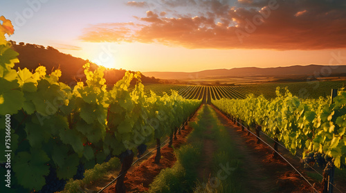 Sunset over a peaceful vineyard 