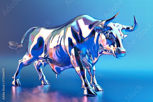 Metallic dynamic shiny bull on a blue background.