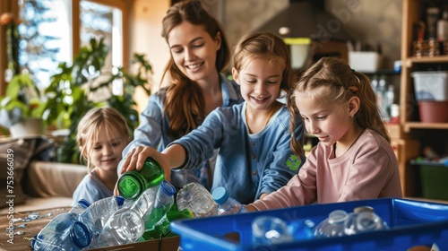 A heartwarming scene of a family sorting recyclable materials together, teaching children the importance of environmental sustainability.
 photo