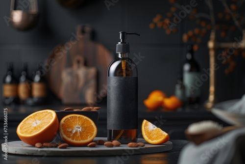 Elegant product display with amber bottle, fresh oranges, and almonds on wooden kitchen counter, concept of natural skincare and gourmet presentation.