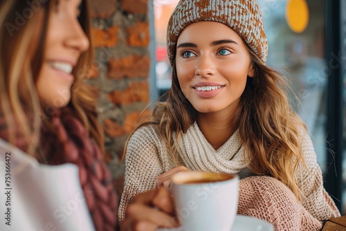 A candid shot of a woman sipping coffee, enjoying the company of her friend in a winter-themed café photo