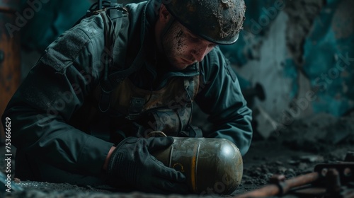 a bomb disposal expert meticulously defusing an explosive device, sweat glistening on his brow