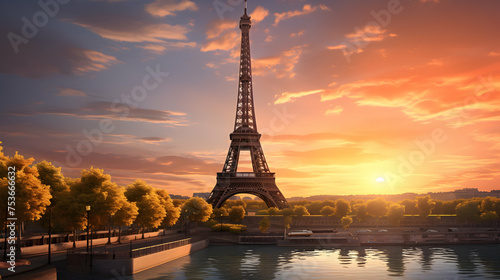 The iconic Eiffel Tower standing tall against a Parisian sunset,