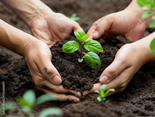 Hands nurturing a young plant in soil symbolizing growth and care.
