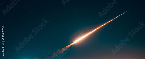 A missile interceptor flies fast in the dark sky. The city lights make it shine. It protects the city from enemy missiles.