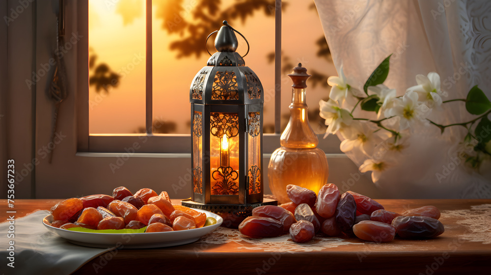 Elegant Ramadan blessings with lantern and dates 