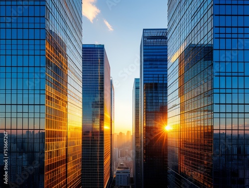 A skyline office building scene during the golden hour