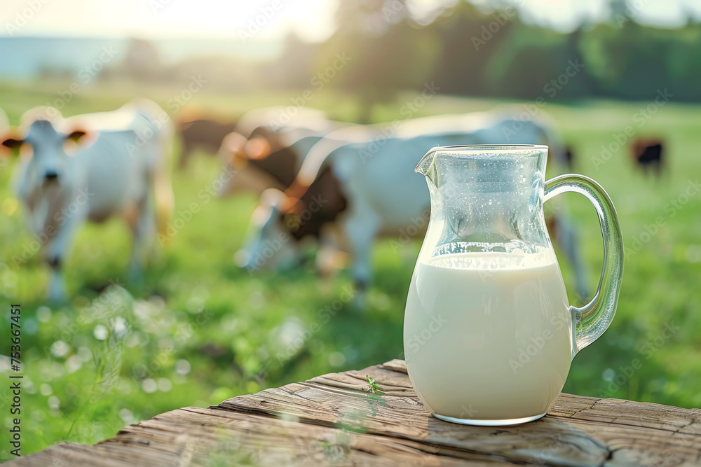 pitcher of milk on a table in front of cows, AI generated