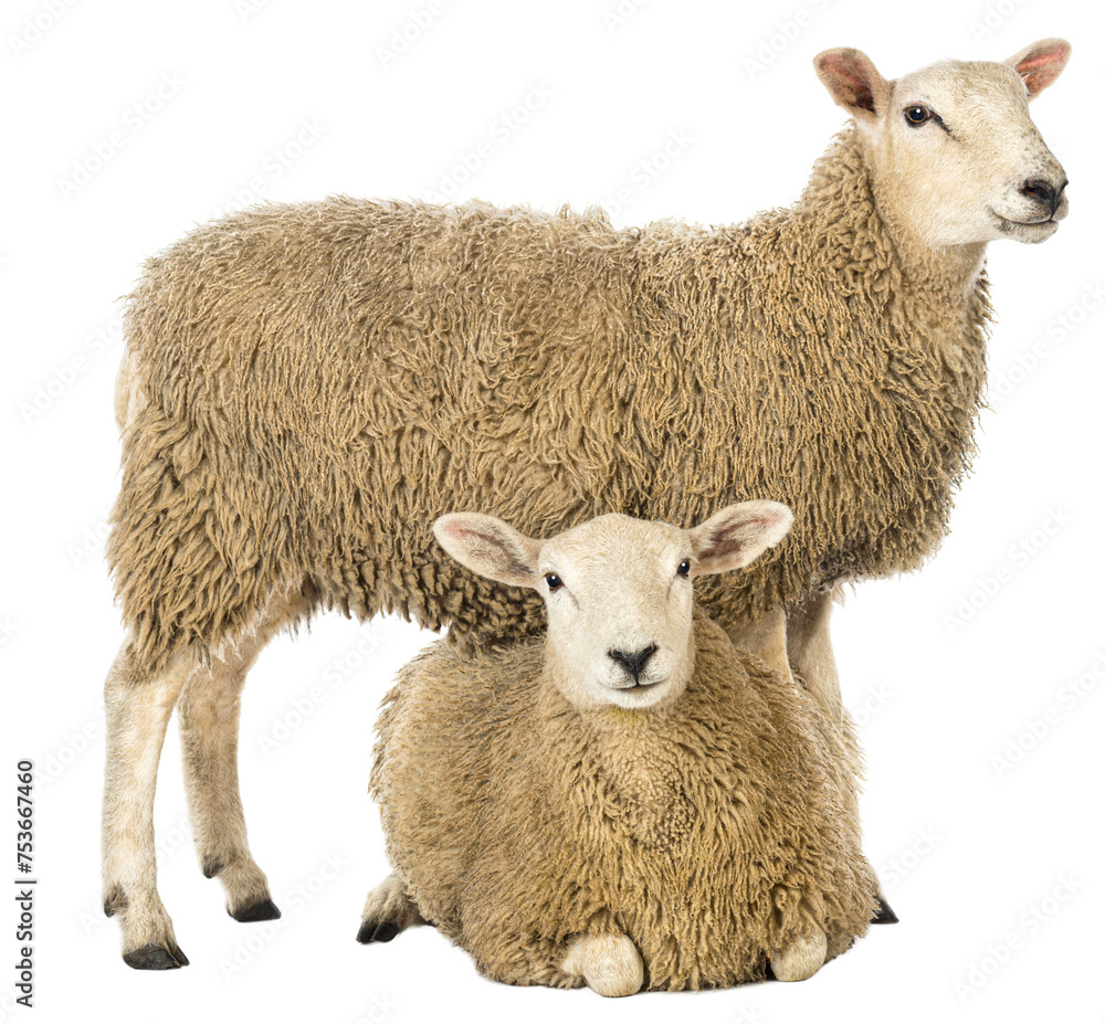 Fototapeta premium Sheep standing over another lying against white background