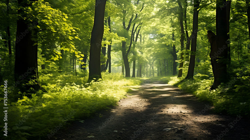 Obraz premium Tranquil forest pathway dappled in sunlight,