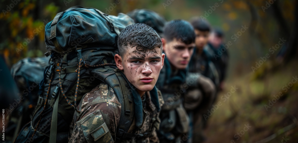 military cadets participating in a grueling endurance march, their heavy packs and weary expressions testament to the physical and mental challenges