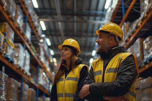 Two warehouse workers in safety vests engaging in logistics management, Concept of teamwork and efficiency in industrial goods storage