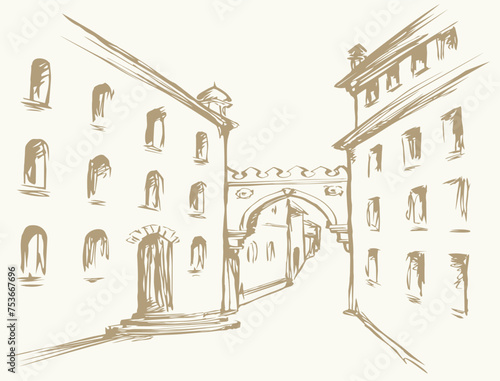 Vector cityscape. The narrow medieval streets of the old town photo