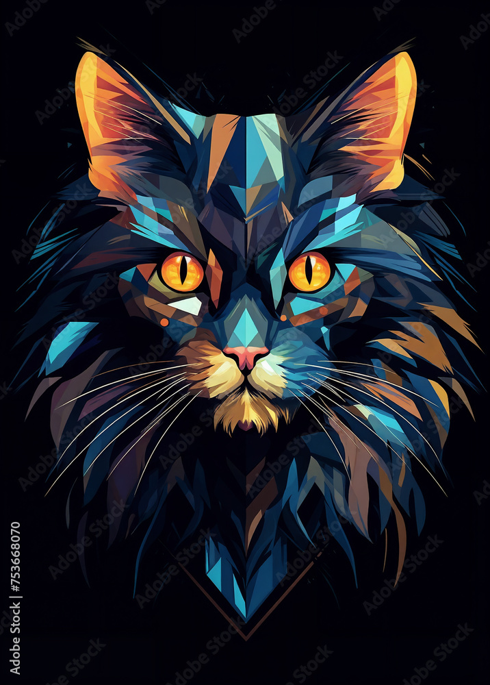 a cat's face with orange eyes and a black background is featured in this low poly art work, generative ai