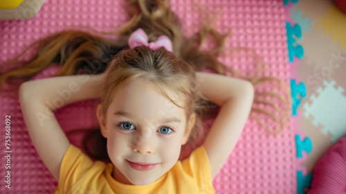 Top view of the beautiful and cute preschool girl looking at the camera and smiling, lying down on the colorful floor in the daycare school, room interior indoors. Happy female toddler child or kid