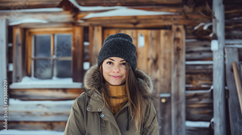 Portrait of the beautiful young woman with brunette hair, standing in front of the wooden cabin house or cottage during the winter vacation holiday season, snowy scene, wearing jacket and a cap. Smile