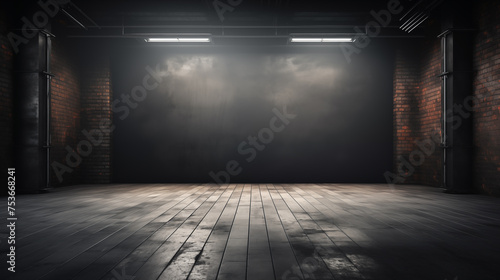 Dark grey gradient background spotlight on empty studio room. Empty dark abstract cement wall and studio room with smoke float up interior texture for display products wall background. © Pakhnyushchyy