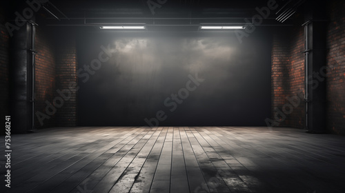 Dark grey gradient background spotlight on empty studio room. Empty dark abstract cement wall and studio room with smoke float up interior texture for display products wall background.