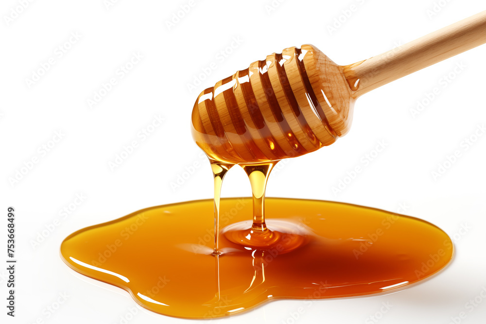 Honey dripping from dipper isolated on white background Honey dripping from dipper isolated on white background
