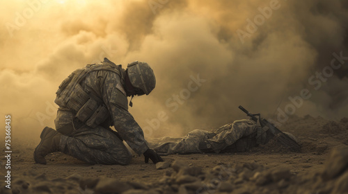 A soldier bending low by a fallen mate, his head low in sorrow as he respects a life ended for his duty, with a calm battle area around him. AI generated photo