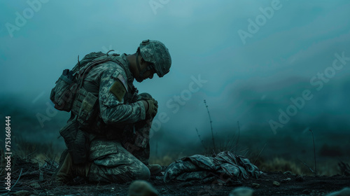 A soldier on his knees next to a dead friend, his head down in sadness as he honors a life gone for his work, with a quiet war place behind him.