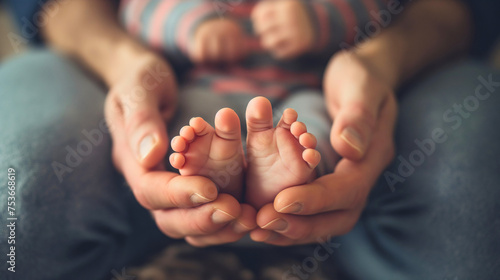 Closeup of the father holding his little baby's feet in his hands. Dad and his little newborn infant daughter or son together indoors. Daddy and his child. Parenthood concept, love and protection photo