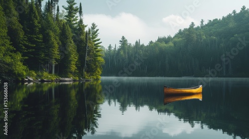 A peaceful retreat by the lake, enveloped by lofty pines, reflected on the water’s smooth surface, with a canoe idly floating at the shoreline. photo