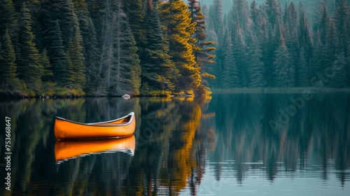 A serene lakeside hideaway, encircled by tall pine trees, mirrored in the calm water, with a canoe gently resting on the shore. photo