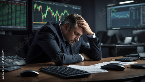 Businessmen clutching their heads in stress from the stock market collapse against the backdrop of falling charts. photo