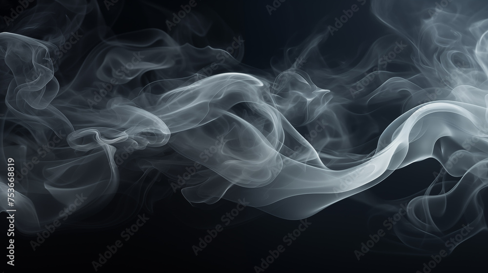 Smoke clouds, steam mist fog and white foggy vapor. Realistic smoke  particles isolated on black background. Beautiful swirling gray smoke.