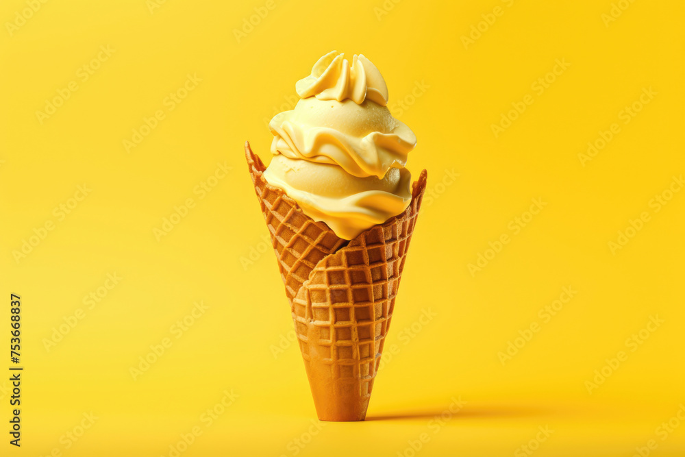 A swirl of soft-serve ice cream perched on a waffle cone against a monochrome yellow background, evoking simplicity and summer sweetness. - obrazy, fototapety, plakaty 