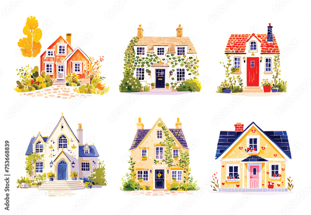 Set of cute watercolor houses.