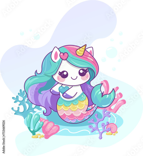 Sea cute cartoon unicorn. Mermaid, fish and seahorse character. Cartoon girl with mermaid tail, underwater coral and seashell. Mythical modern vector marine rainbow colors