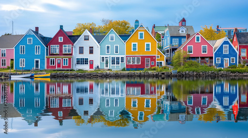 Quaint Coastal Town Panorama with Colorful Waterfront Houses Reflecting in Calm Waters, Charming Maritime Village Scenery