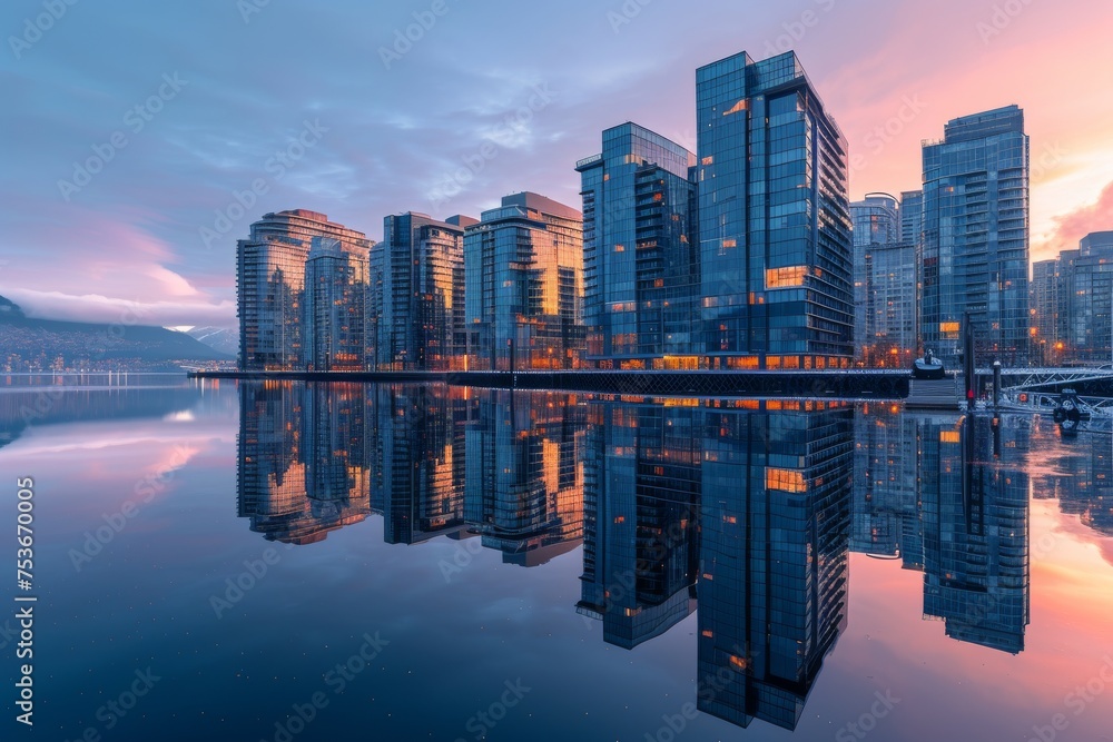 Office buildings cast shimmering reflections on the calm waters below