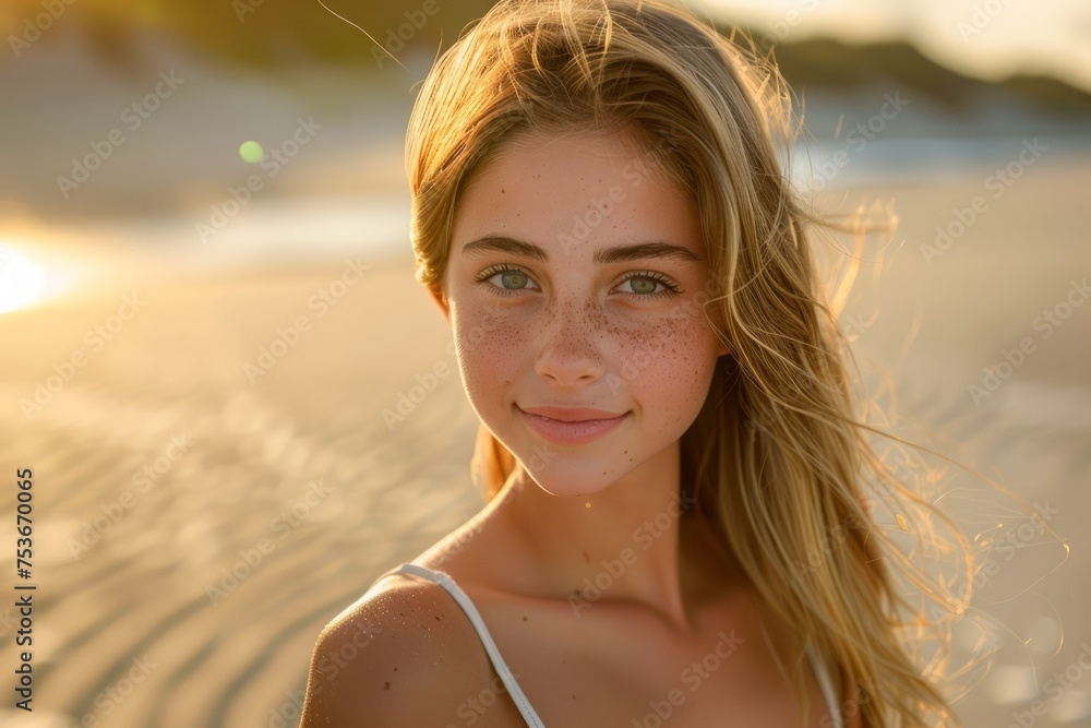Serene Young Woman with Freckles Enjoying Golden Hour on Sandy Beach - Peaceful, Natural Beauty Portrait Serene Young Woman with Freckles Enjoying Golden Hour on Sandy Beach - Peaceful, Natural Beauty Portrait