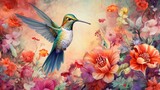 A hummingbird illustration hovering over flowers in bright colors