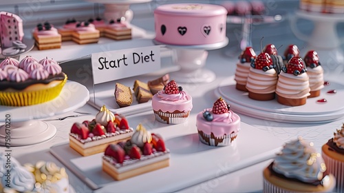 sweets, cakes, and indulgent treats displayed on a white table in a modern kitchen, juxtaposed with the Start Diet message on a sticky note.