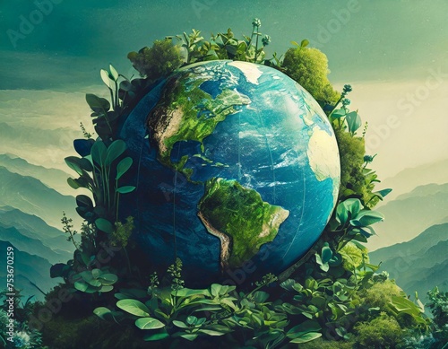 The Earth day  ecology and climate change abstract concept. Blue Earth planet covered with growing moss  surrounded with green plants. 