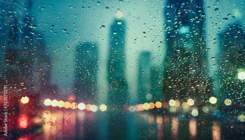 Rainy cityscape with blurred skyscrapers and street lights, viewed through wet window glass. 