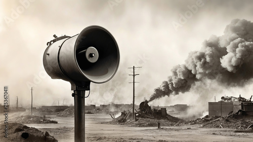black and white illustration, loudspeaker for siren, alarm signal against the background of explosions. photo