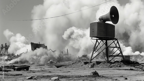 black and white illustration, loudspeaker for siren, alarm signal against the background of explosions and smoke. photo