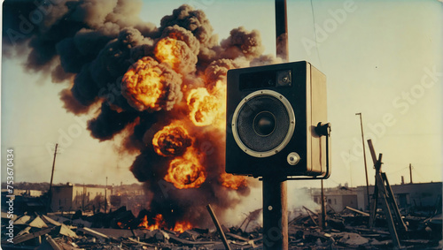 Loudspeaker for a siren, a troop signal against the background of explosions. photo